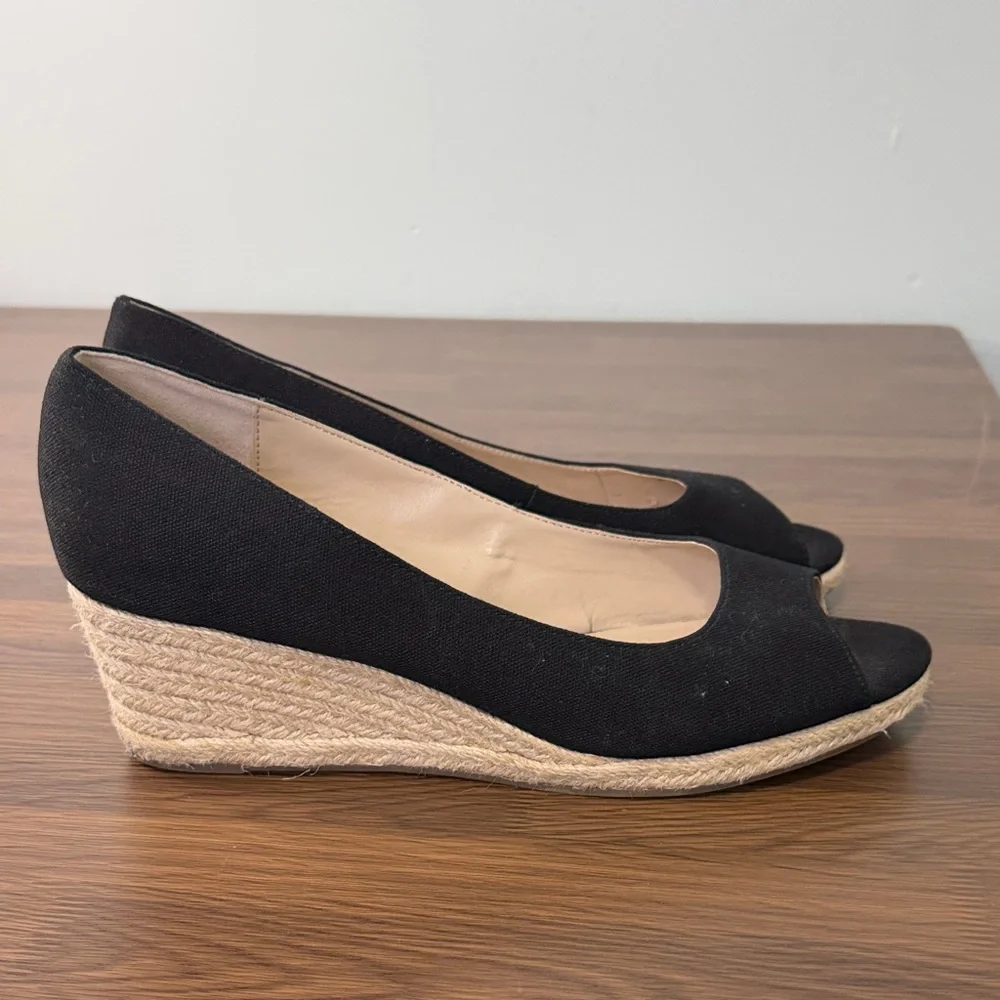 Bandolino Black Wedge Fabric Espadrille Peep-Toe Shoes Sz 11‎